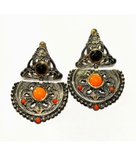 Pendientes Azabache, coral y oro - 5,7X4