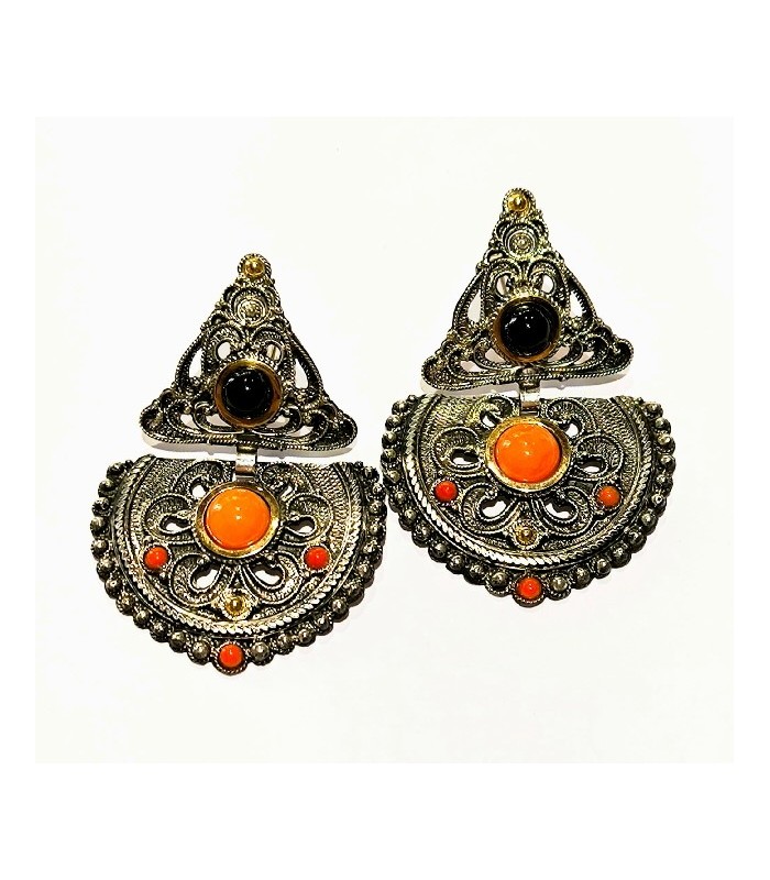 Pendientes Azabache, coral y oro - 5,7X4