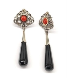 Pendientes lágrima azabache y coral - 0863
