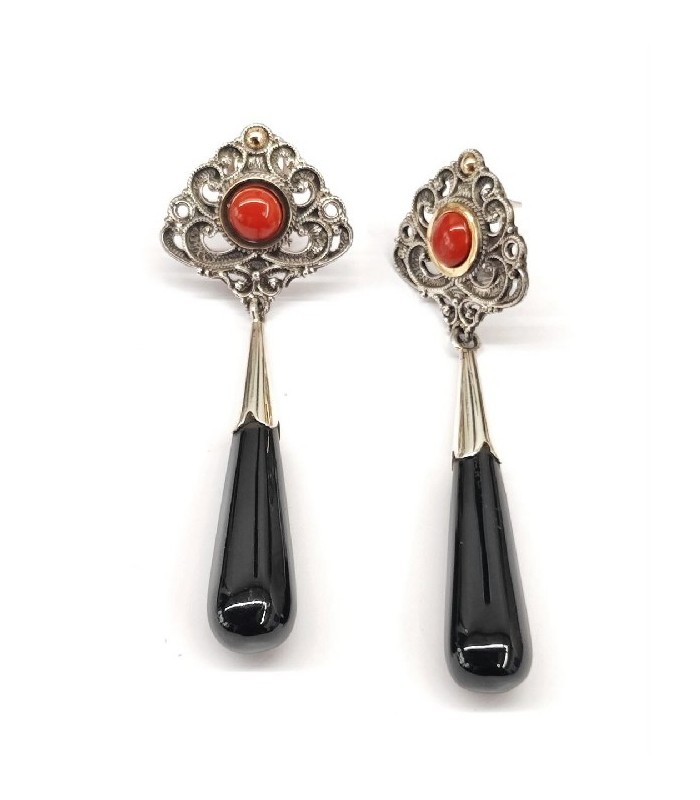 Pendientes lágrima azabache y coral - 0863