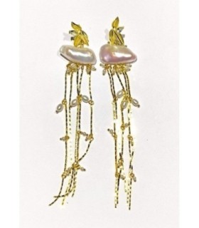 Pendientes Largos con Circonitas y Perlas Dorados - 91295PD