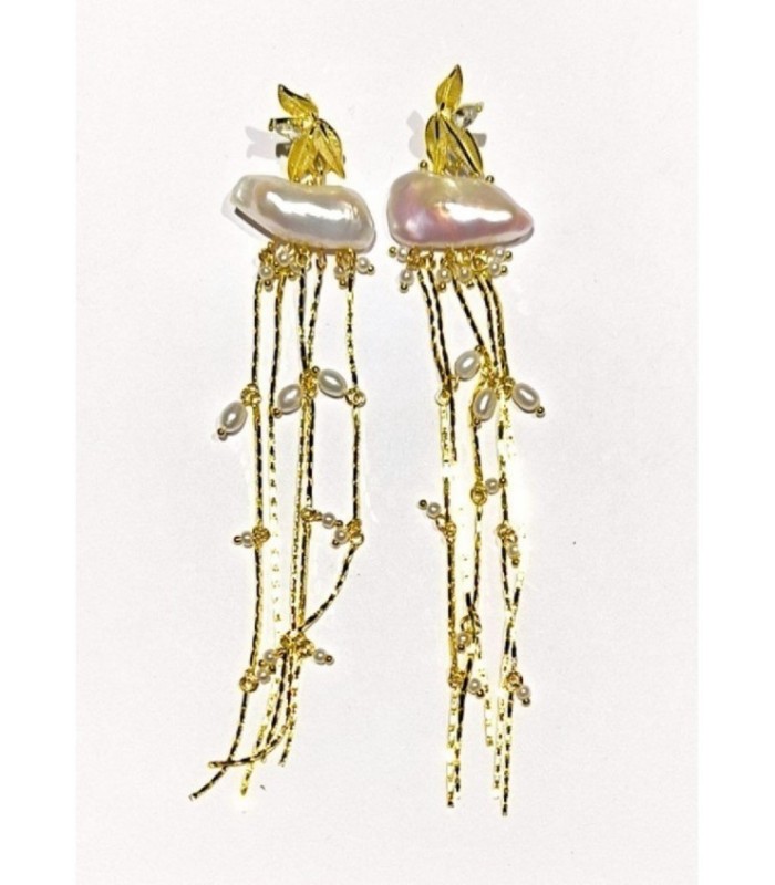 Pendientes Largos con Circonitas y Perlas Dorados - 91295PD