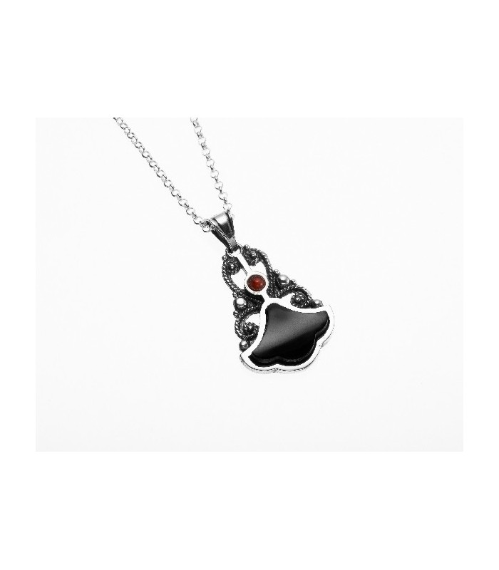Colgante alargado de plata, azabache y coral | Elongated Sterling Silver, Jet and Coral Pendant